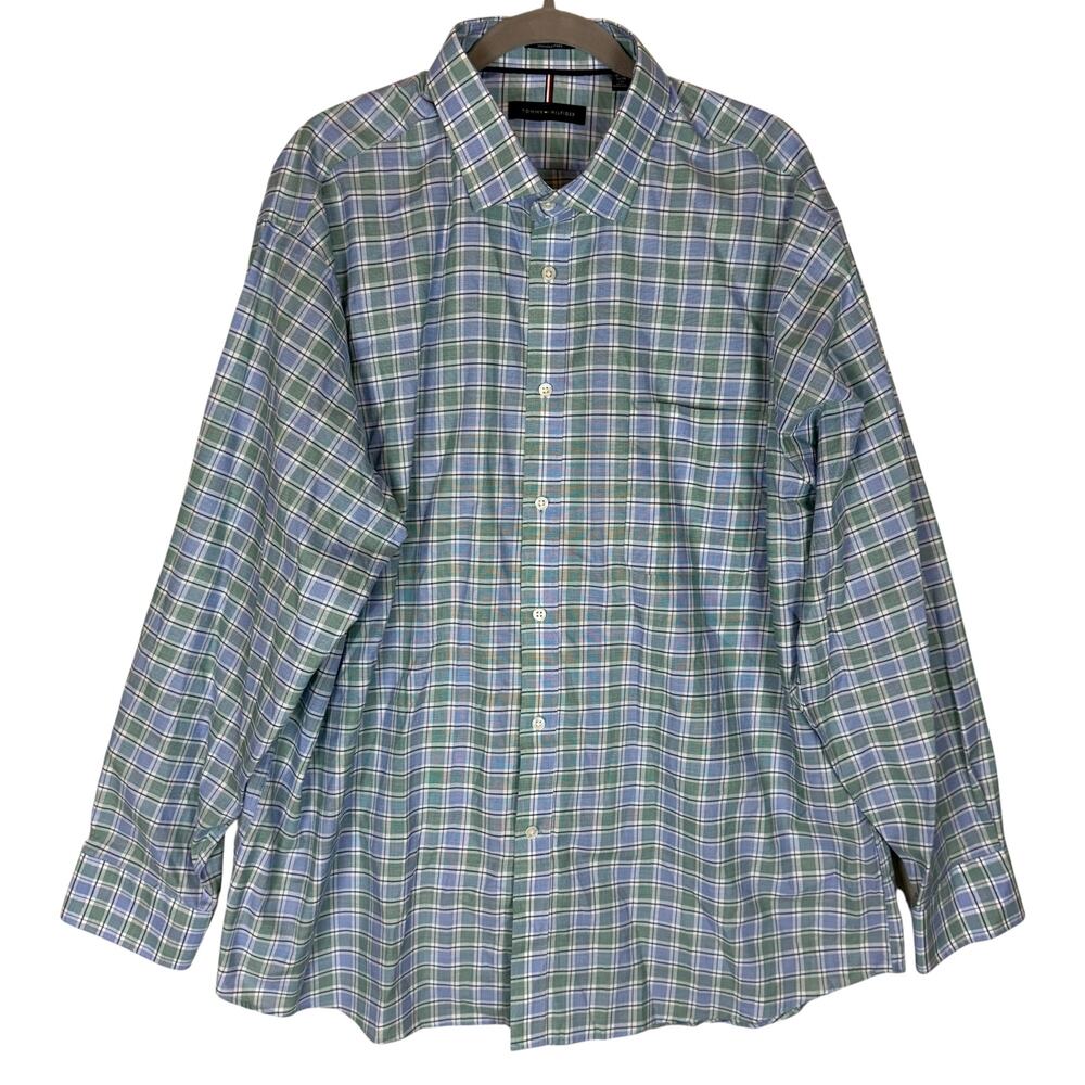 Tommy Hilfiger Dress Shirt Mens 2XL 18-18.5 34/35 Blue‎ Regular Fit Wrinkle Free